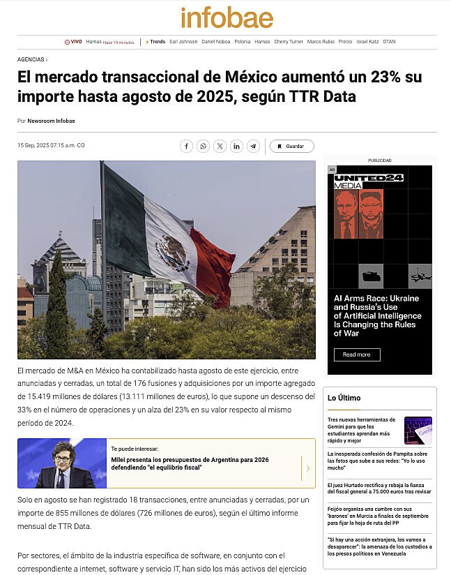 El mercado transaccional de Mxico aument un 23% su importe hasta agosto de 2025, segn TTR Data